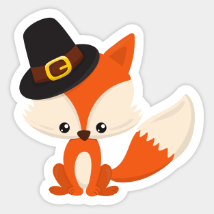 Thanksgiving, Cute Fox, Pilgrim Fox, Pilgrim Hat Sticker